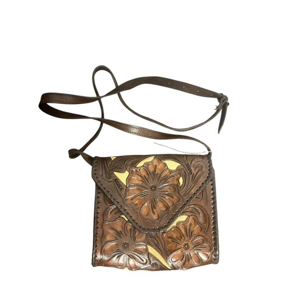 Vintage Leather small crossbody tooled hand bag brown/tan embossed - Picture 1 of 7